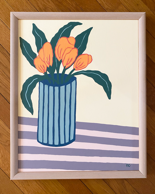 Orange tulips on ribbed frame